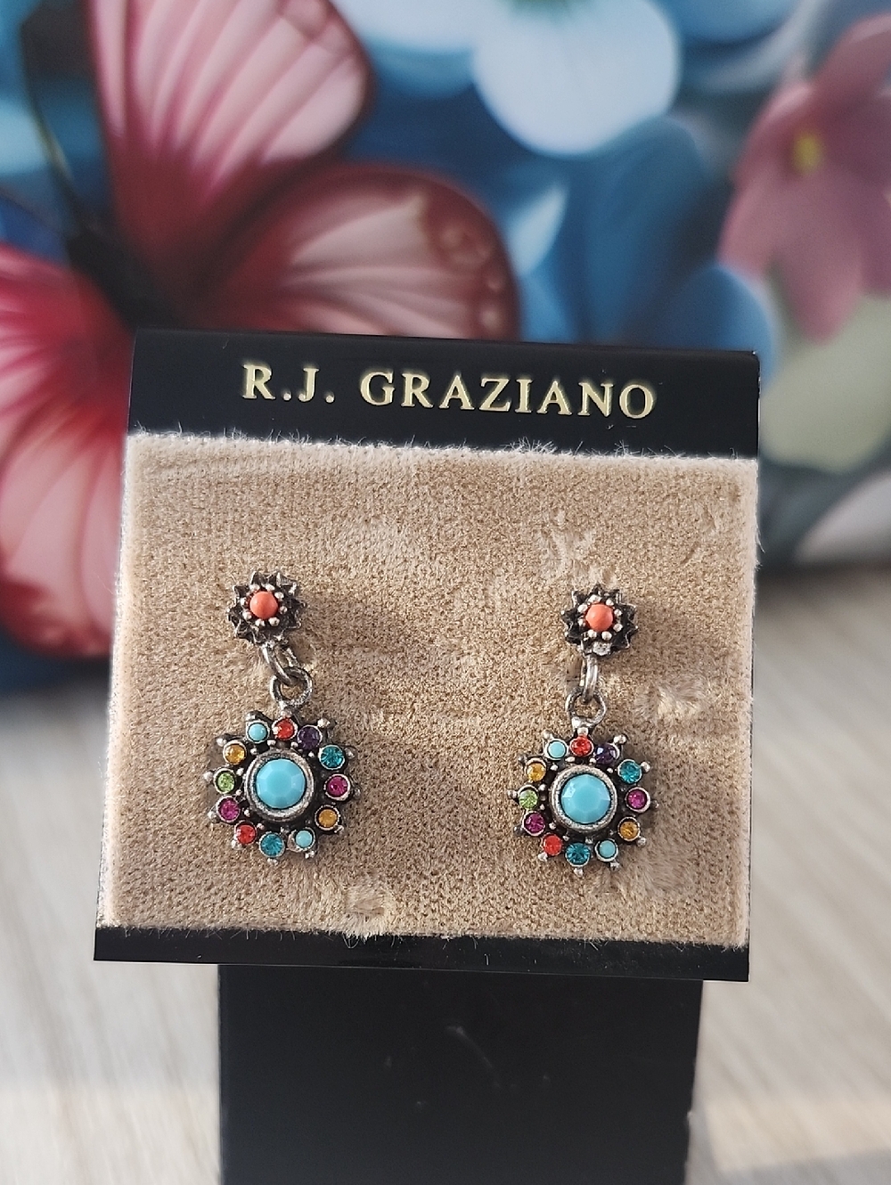 R.J. Graziano Turquoise Center Multicolor Floral Drop Earrings with Coral Accent